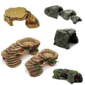 Boîte de cachette pour reptiles en résine, grotte de cachette rectangulaire, <span class=keywords><strong>habitat</strong></span> pour tortues, plateforme de bain de soleil, petit animal, serpent, écologique, toutes saisons - Product Image 1