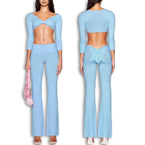 Của Phụ Nữ Siêu Crop Top Và loe Dệt Kim Quần 3/4 Chiều Dài Tay Áo Phía Trước <span class=keywords><strong>Bow</strong></span> Tie Top Gấp <span class=keywords><strong>Bow</strong></span> Trở Lại Cho Mùa Hè Hai Mảnh Thiết Lập - Product Image 1