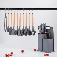 Nouvel Ensemble de 19 Ustensiles et Outils de Cuisine en Silicone avec Poignées en Bois et Range-Couteaux Intégré