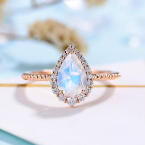 Rose Gold Plated Moonstone <b>Ring</b> Pear Cut Pave Setting Romantic Engagement Band Women's Jewelry - Product Image 1