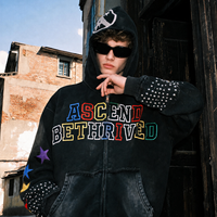 Sweat à capuche personnalisé avec broderie appliquée, effet vieilli, fermeture éclair ornée de strass, délavage acide, style vintage, en coton pour homme, streetwear