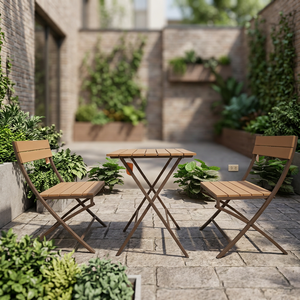 Modern Outdoor <b>Garden</b> Set with Wooden Tops and Steel Frame <b>Foldable</b> <b>Table</b> and 2 Chairs for Patio Use - Product Image 6