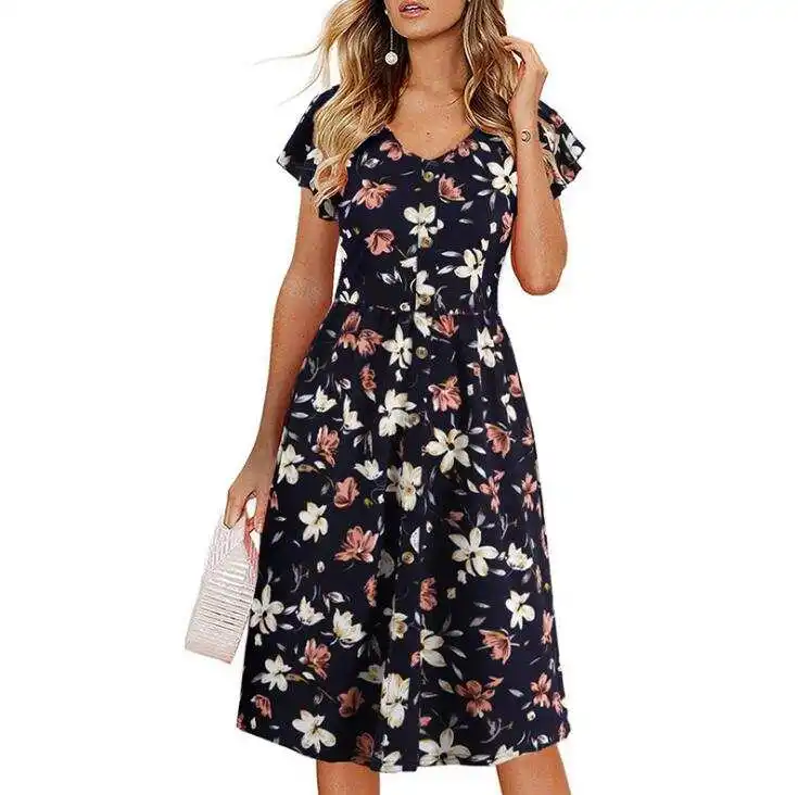 Europäische und amerikanische Frauen Sommer neue heiße Verkauf Kurzarm Kleid gedruckt V-Ausschnitt sexy Damen Kleid Hersteller Großhandel