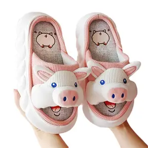 2024 Best Selling Cute Pig Penguin Linen Slippers For Women Soft Thick Sole Shoes For Home