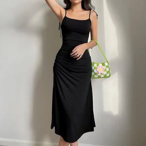 Vestito Estivo Nero in Chiffon con Vita Naturale e Pieghe Laterali, Modello Slimming, Nuova Collezione, Vendita all'Ingrosso - Product Image 3