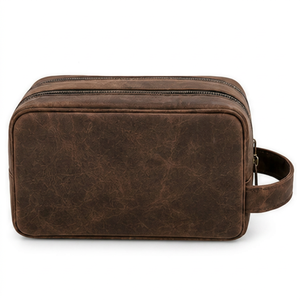 Premium Genuine Leather Eco-Friendly Durable Vintage Travel Bag Large Capacity Double Zipper Closure Soft Handle Cosmetic - Product Image 1