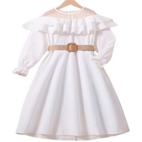 Nouvelle Robe Princesse Été 2026 Style Européen et Américain en Maille et Dentelle, Coupe Trapèze à Manches Longues, Élégante, Épaules Dénudées, Ceinture Souple