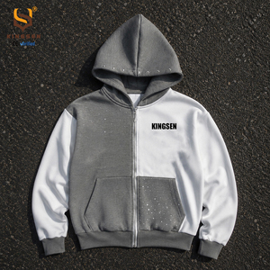 Custom Acid Wash Zip up Patchwork Rhinestone Hoodie Hooded Oversize Boxy Embroidery Graphic Print Men's Hoodies & Sweatshirts - Product Image 4