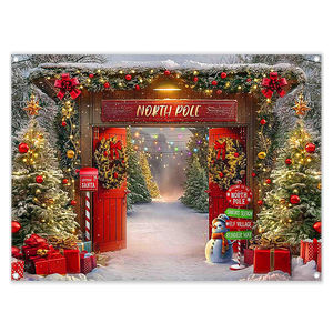 Toile de fond personnalisée Noël Polaire : Porte de grange en bois, forêt hivernale et arbres pour décoration de fête - Product Image 2
