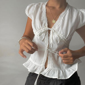 <b>White</b> Lace Tie Front <b>Top</b> Women V Neck Slim Fit <b>Puff</b> <b>Sleeve</b> Ruffle Hem Sweet Sexy European American Style - Product Image 6