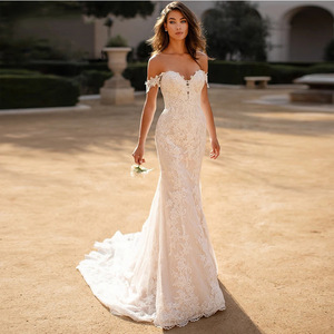 Lace Mermaid Wedding Dress Off Shoulder Sweetheart Applique Bridal Gown Long Train Elegant 2026 Style - Product Image 1