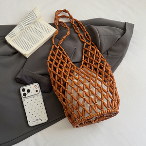 Bolso de hombro grande de gran capacidad para mujer, estilo veraniego 2026, con cuentas y tejido, ideal para vacaciones, color liso, para playa y compras. - Product Image 3