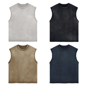 Camiseta masculina sem mangas com bainha de corte cru de alta qualidade, vintage, deprimida, lavagem com ácido, blusa de fundo desbotada, colete - Product Image 4