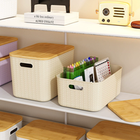Boîte de rangement rectangulaire en plastique écologique avec couvercle en bambou et poignée, empilable, moderne, pour maquillage, vêtements, jouets