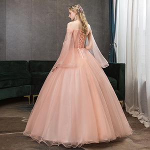 Pink Off The Shoulder Chiffon Ball Gown Dress With Floral Embellishment Empire Waistline Long Tutu Skirt For Wedding Hostess - Product Image 2