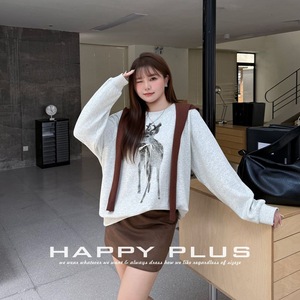 เสื้อสเวตเชิ้ตคอกลมพิมพ์ลาย Happy Plus สีเทาอ่อน ลายสัตว์ ผ้าฝ้ายทวิลล์ สำหรับผู้หญิงไซส์พลัส เสื้อลำลองสำหรับฤดูใบไม้ร่วง - Product Image 1