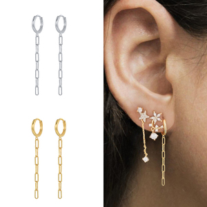 Boucles d'oreilles pendantes en argent S925 avec chaîne trombone et pampilles, bijoux de mode pour femme - Product Image 3