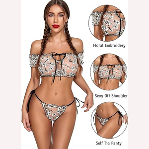 Summer New <b>Women</b> Seductive Enticing Sheer Mesh Bralette Panties Set Strapless One-Shoulder Lingerie Nightwear Underwear - Product Image 1