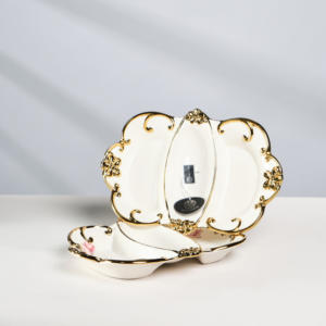 Plateau à fruits en céramique divisé avec <span class=keywords><strong>3</strong></span> <span class=keywords><strong>compartiments</strong></span> pour bonbons, noix, dessert, décoration de fête de mariage - Product Image 4