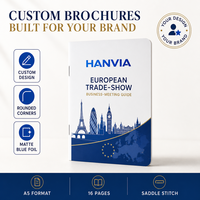 Brochure promotionnelle A5 compacte, entièrement couleur, avec reliure piquée à cheval, pour guide de réunion commerciale et référence rapide sur mesure pour salons professionnels