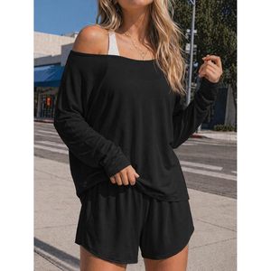 Womens 2 Piece <b>Long</b> <b>Sleeve</b> Off Shoulder <b>Tops</b> And Shorts Lounge Set Asymmetrical Neck Solid Casual Above Knee Polyester - Product Image 2