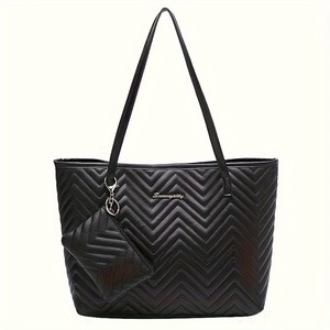Women's Quilted Embroidered Wavy Pattern Tote Bag Two-Piece Set Including Promotional Backpack Wholesale Shopping Bags