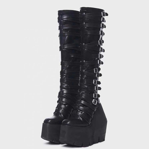 Women Super High Wedge Heels Knee High <b>Boots</b> Belt Buckles Thick Platform Long <b>Boots</b> Punk Styles Y2K Style Back Zipper Shoes - Product Image 4