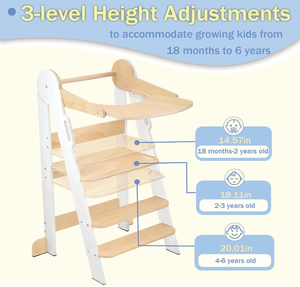 2-in-1 Lernturm Faltbarer Holz-Stehhelferturm für Kleinkinder Küchenhelferstuhl mit 3-fach Höhenverstellbarem Tritthocker - Product Image 3