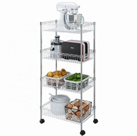Étagère de rangement en fil métallique chromé à 4 niveaux réglable en acier au carbone pour fruits et légumes avec roulettes