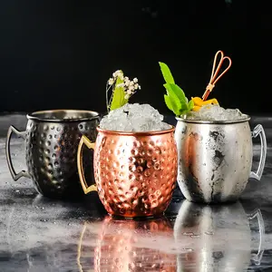 Double Wall Copper Moscow Mule Mug Stainless Steel Coffee Cup with Handle Rose Gold Black Drum Type Hammer Stria Mug