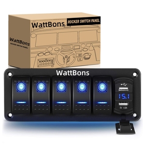 5 Gang Bus Rocker Switch Panel With Dual USB Car Socket Digital Voltmeter 12 Volt 20 Amp Waterproof Marine Carling Rocker Switch