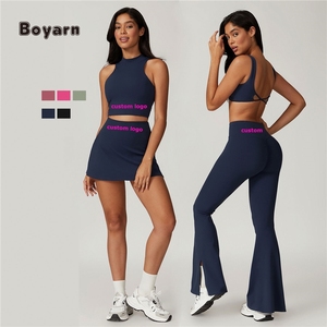 Boyarn Yoga 6 uds conjunto deportivo para mujer sólido de secado rápido apretado Fitness chaleco sujetador faldas de tenis pantalones acampanados de cintura alta - Product Image 1