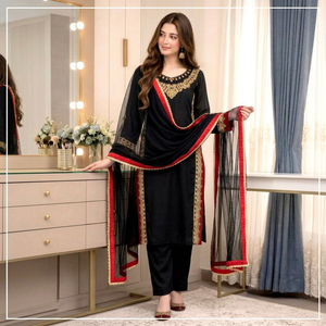 <b>Black</b> Solid Beaded Embroidered <b>Long</b> <b>Top</b> Salwar Kameez Set Satin Women Dress Pakistani Outfit for Wedding Party - Product Image 1
