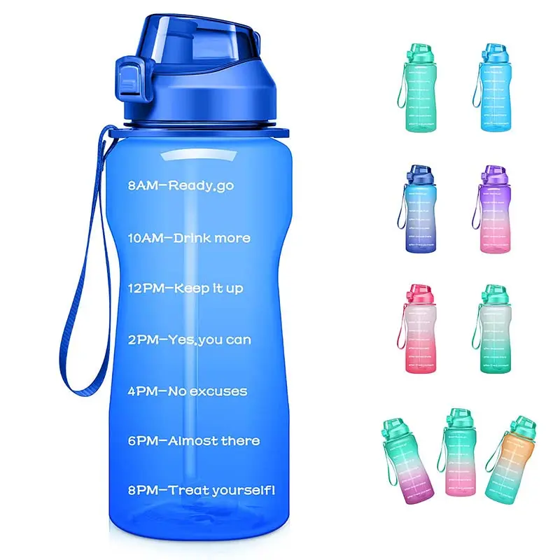 Customized Logo Motivational Portable Plastic Sports Blue Water Bottles with Time Marker