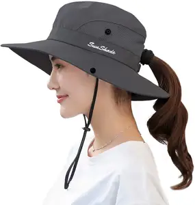 Women's Summer Mesh Wide Brim Sun UV Protection Hat with Ponytail Hole Fisherman Cowboy Bucket Hats