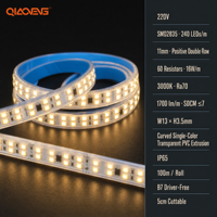 Bande LED sans pilote 220V 2835 240LEDs/m 16W/m 1700lm/m 3000K Blanc Chaud Ra70 IP65 L13*H3.5mm Rouleau de 100m