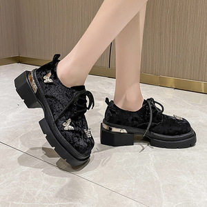 British Style Thick Rhinestone Toe Thick Heel for Women Spring Preppy Medium Heel Flats Small Leather Shoes - Product Image 4