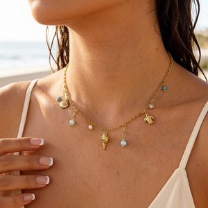 <span class=keywords><strong>Collana</strong></span> Trendy in Acciaio Inossidabile Placcato Oro 18K PVD con Tema Marino, Ciondoli a Conchiglia e Tartaruga, Perline Colorate e Catena Sottile a Graffetta - Product Image 4