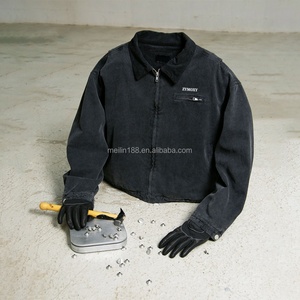 Veste Bomber en Jean Vintage Lavé Surdimensionnée en Coton Sergé avec Fermeture Éclair, Veste de Créateur en Jean Noir - Product Image 1