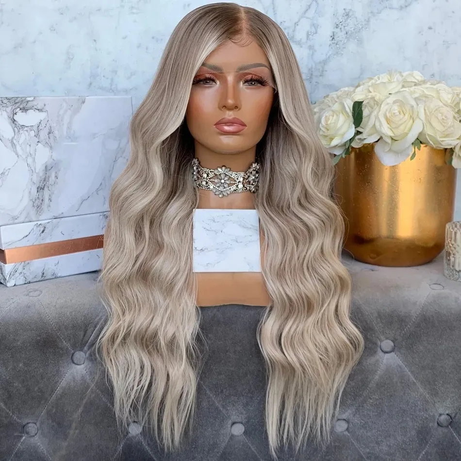180 Density Light Brown Rooted Platinum Blonde Highlight Remy Human Hair 13x4 Lace Front Wigs for Black Women Transparent Lace