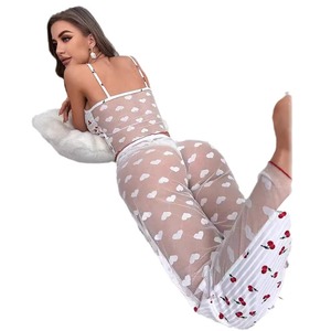 Conjunto de Pijama de Malla con Bloques de Color y Estampado para el Hogar 2024, con Abertura Frontal y Tirantes 7001 - Product Image 5