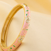Bracelet manchette vintage style chinois en alliage de zinc plaqué or, émaillé, motif floral, goutte d'huile, style ethnique original, bracelet tendance
