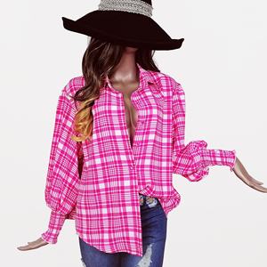 Primavera otoño nuevo estampado Checker patrón versátil <span class=keywords><strong>camisa</strong></span> <span class=keywords><strong>mujer</strong></span> dulce Top moda - Product Image 3