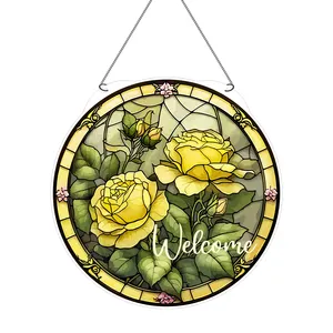 Sarı çiçek dairesel kart akrilik dekoratif ürünler İngilizce desenli iç