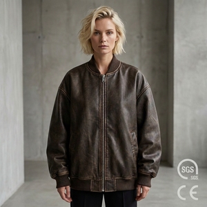 Chaqueta de Motociclista de Cuero Vintage para <span class=keywords><strong>Mujer</strong></span>, Corta, Estilo Bomber, Lavado al Aceite, Color Marrón Espresso, Resistente al Viento e Impermeable para Invierno - Product Image 1