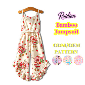 Combinaison pour tout-petits en bambou 230 GSM, sans manches, à bretelles spaghetti, imprimé intégral, à volants, jambes larges, tenue d'été pour filles, combinaison pour filles en bambou - Product Image 4