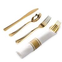 Toptan tek kullanımlık plastik çatal bıçak kaşık Set haddelenmiş altın sarılı gümüş peçeteler Forks içerir bıçaklar kaşık için parti