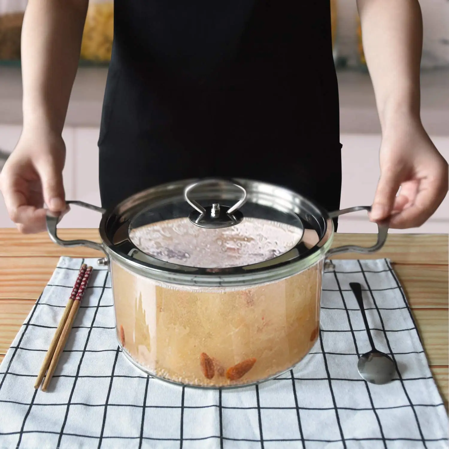 Marmite de cuisson sûre pour cuisinière en verre Borosilicate grande taille, marmite transparente à Double oreille avec poignée en acier inoxydable
