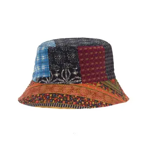 Unisex Colorful Patchwork Reversible Bucket Hat Spring Summer Foldable Anti-UV Men Women Vintage Bandana Print Fisherman Hats