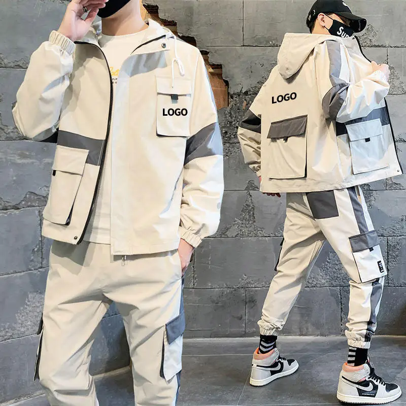 Fall New Streetwear Men's Two Piece Track Suit Fashion Patchwork Cargo Pockets Sweatsuit Men Jogger Tracksuit Set